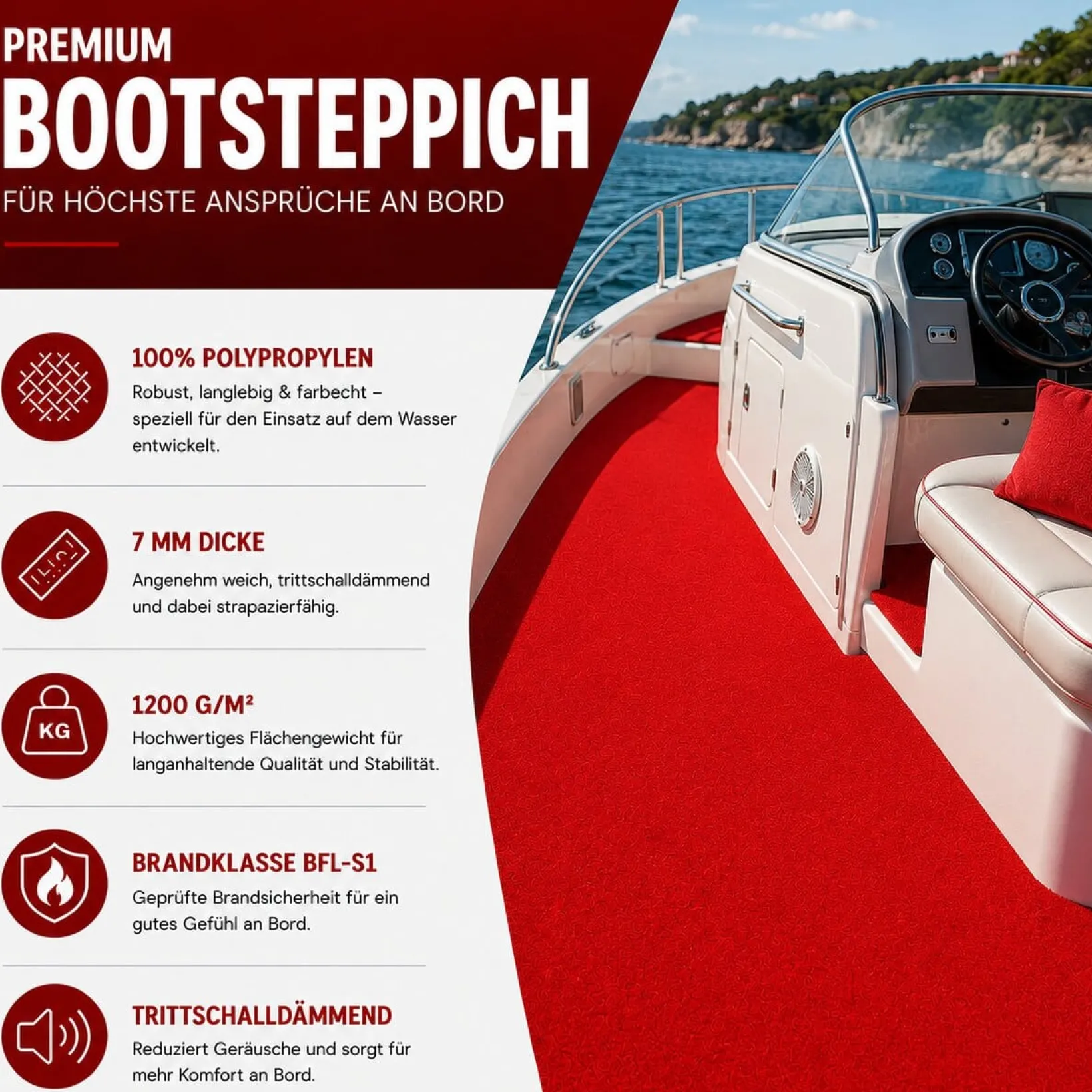 Bootsteppich Rot Bodenbelag Teppich für Boote nach Maß