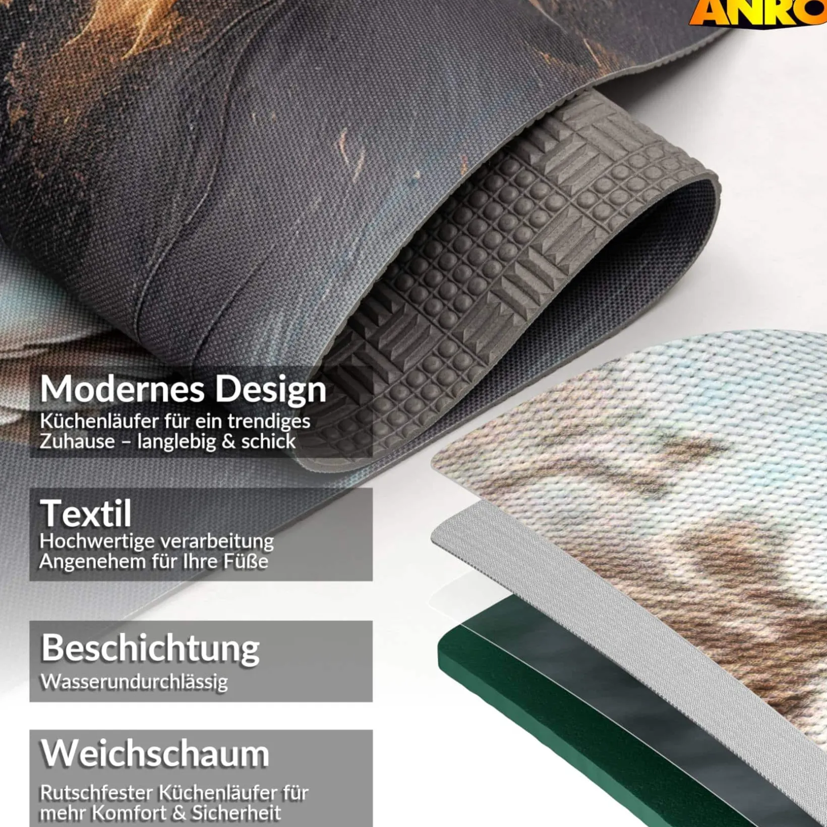 Küchenläufer abwaschbar Küchenteppich rutschfest Teppichläufer Läufer Flur pflegeleicht Elysium 52cm Breite