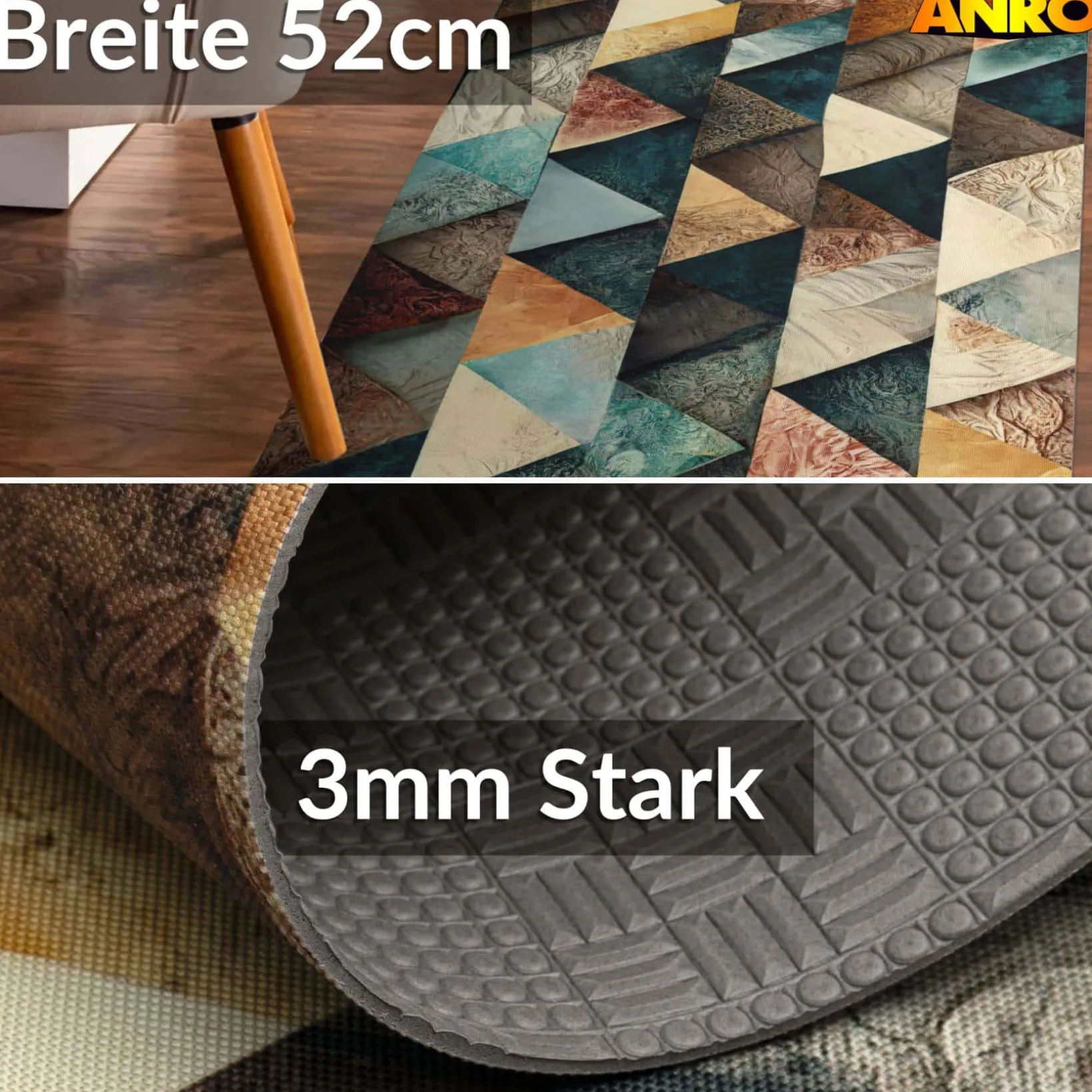 Küchenläufer abwaschbar Küchenteppich rutschfest Teppichläufer Läufer Flur pflegeleicht Triangulum 52cm Breite