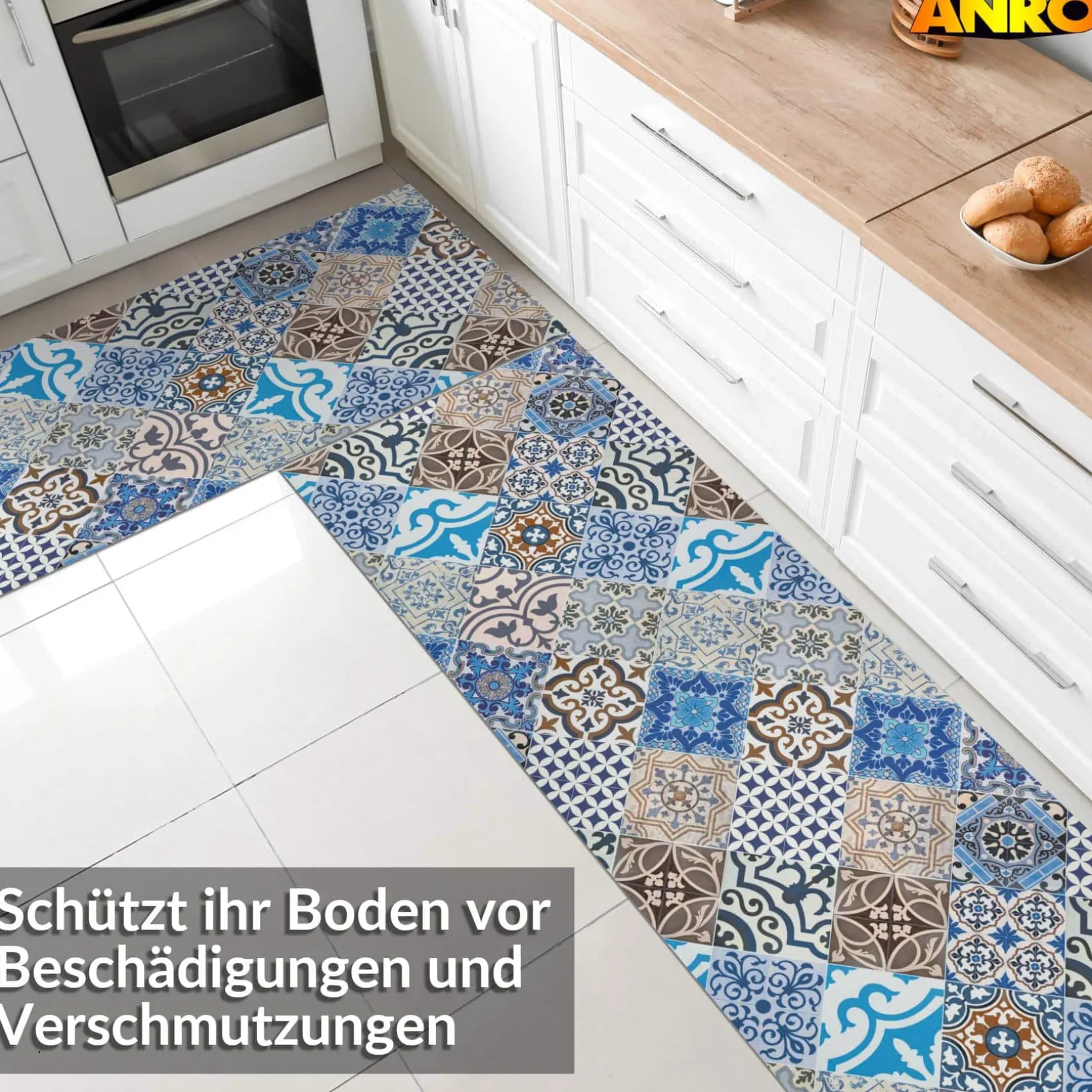 Küchenläufer abwaschbar Küchenteppich rutschfest Teppichläufer Läufer Flur pflegeleicht Porto Azul 52cm Breite