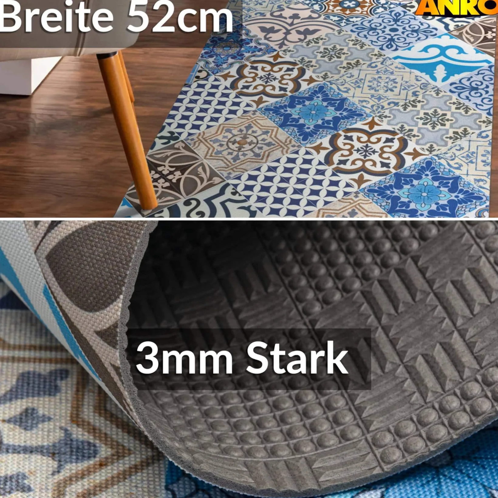Küchenläufer abwaschbar Küchenteppich rutschfest Teppichläufer Läufer Flur pflegeleicht Porto Azul 52cm Breite