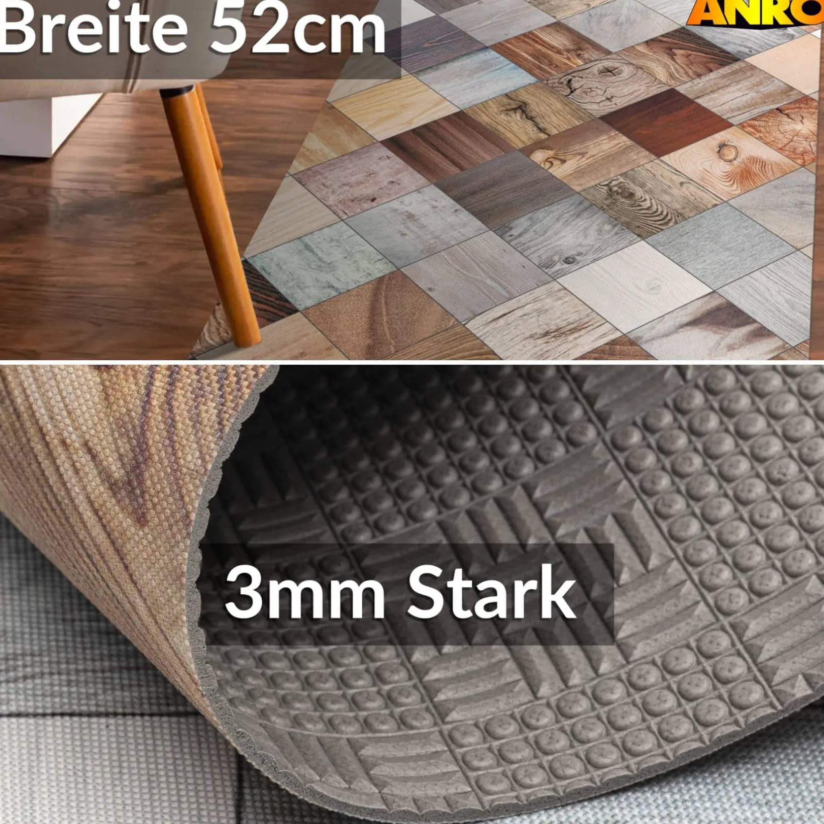 Küchenläufer abwaschbar Küchenteppich rutschfest Teppichläufer Läufer Flur pflegeleicht Holz Patchwork 52cm Breite