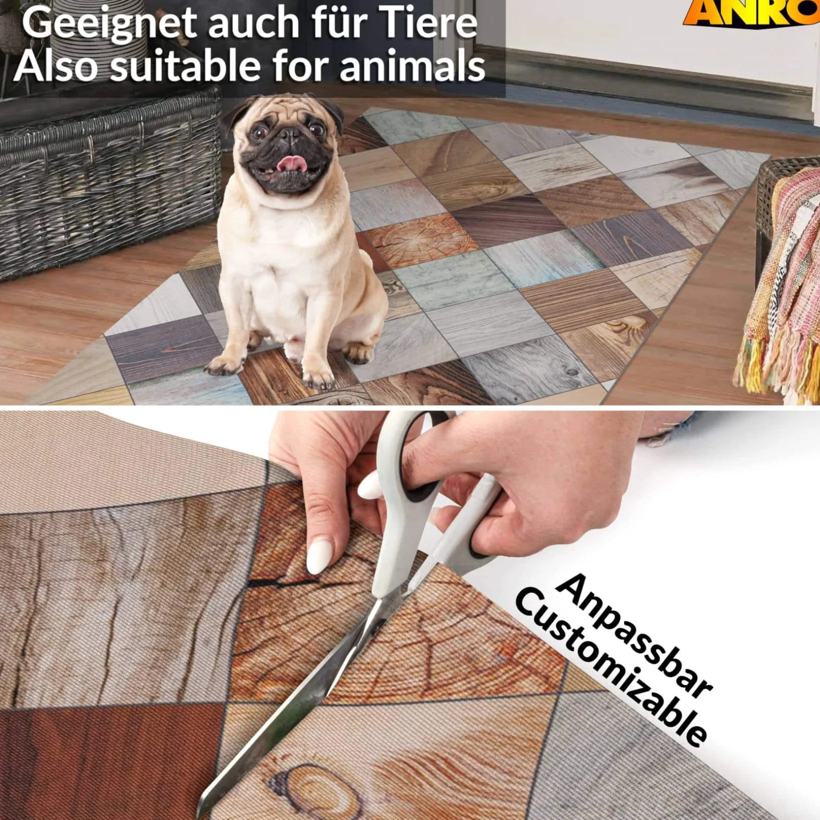 Küchenläufer abwaschbar Küchenteppich rutschfest Teppichläufer Läufer Flur pflegeleicht Holz Patchwork 52cm Breite
