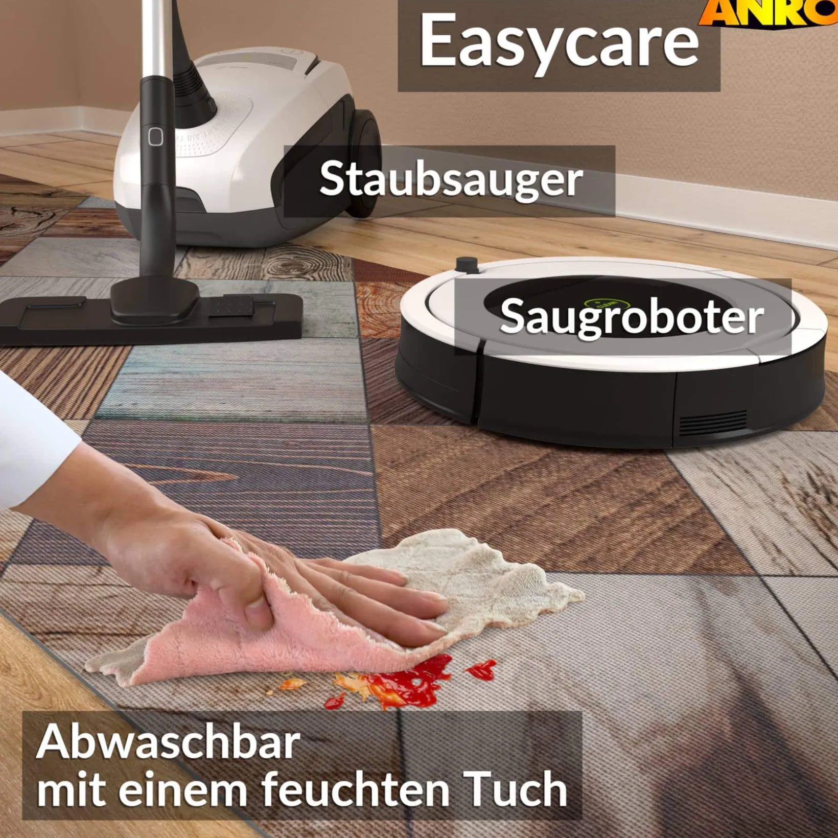 Küchenläufer abwaschbar Küchenteppich rutschfest Teppichläufer Läufer Flur pflegeleicht Holz Patchwork 52cm Breite
