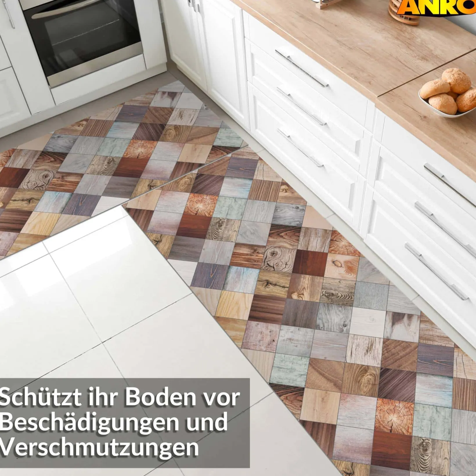 Küchenläufer abwaschbar Küchenteppich rutschfest Teppichläufer Läufer Flur pflegeleicht Holz Patchwork 52cm Breite