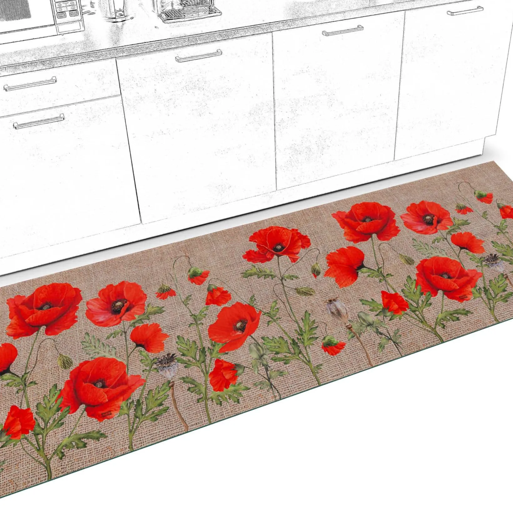 Küchenläufer Küchenteppich Läufer Flur Teppichläufer Sprinty Mohnblumen Jute 52cm Breite