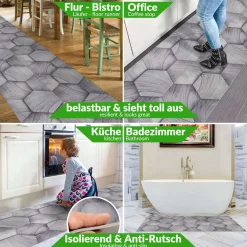 Küchenläufer Küchenteppich Läufer Flur Teppichläufer Motiv Holzoptik Geometrie Grau