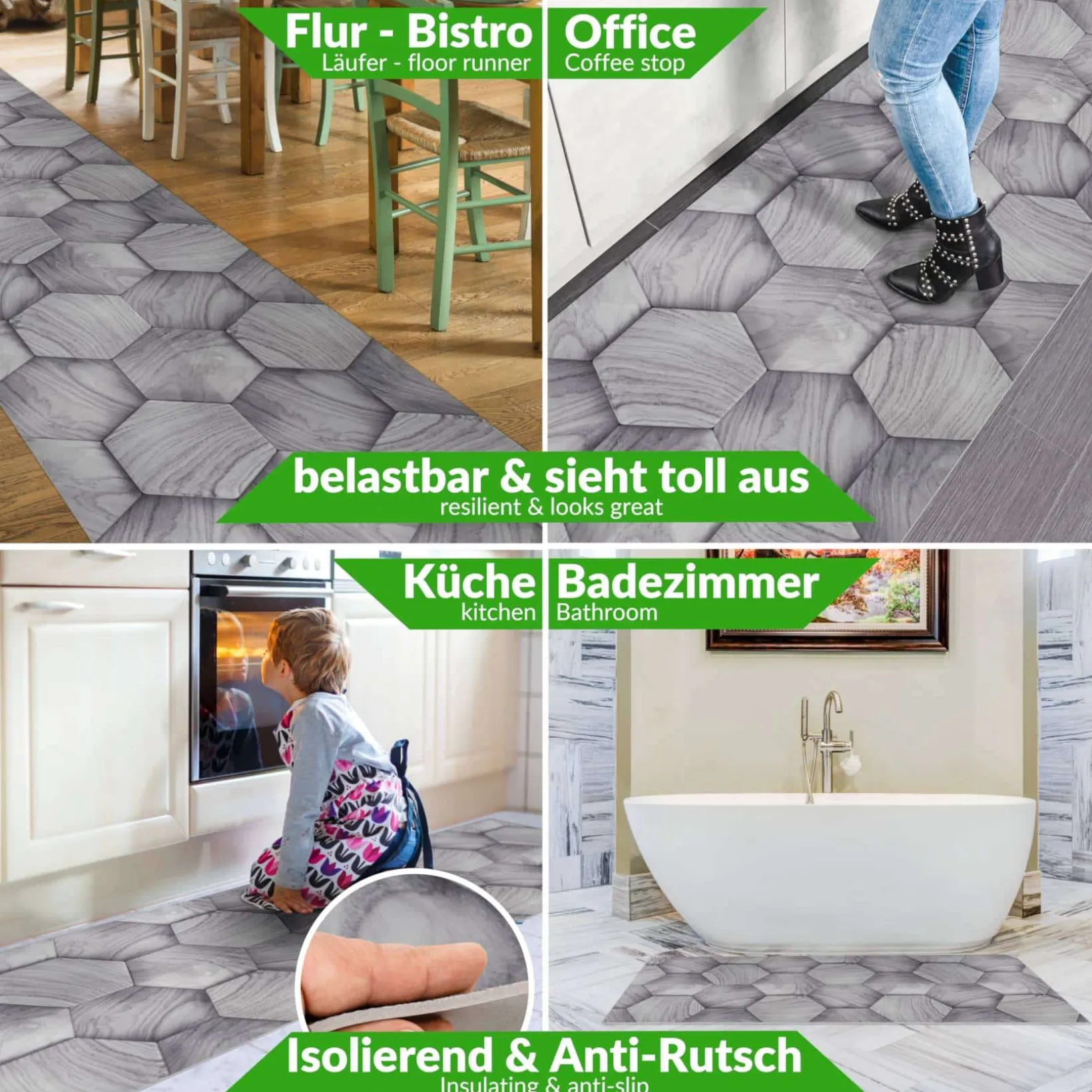 Küchenläufer Küchenteppich Läufer Flur Teppichläufer Motiv Holzoptik Geometrie Grau
