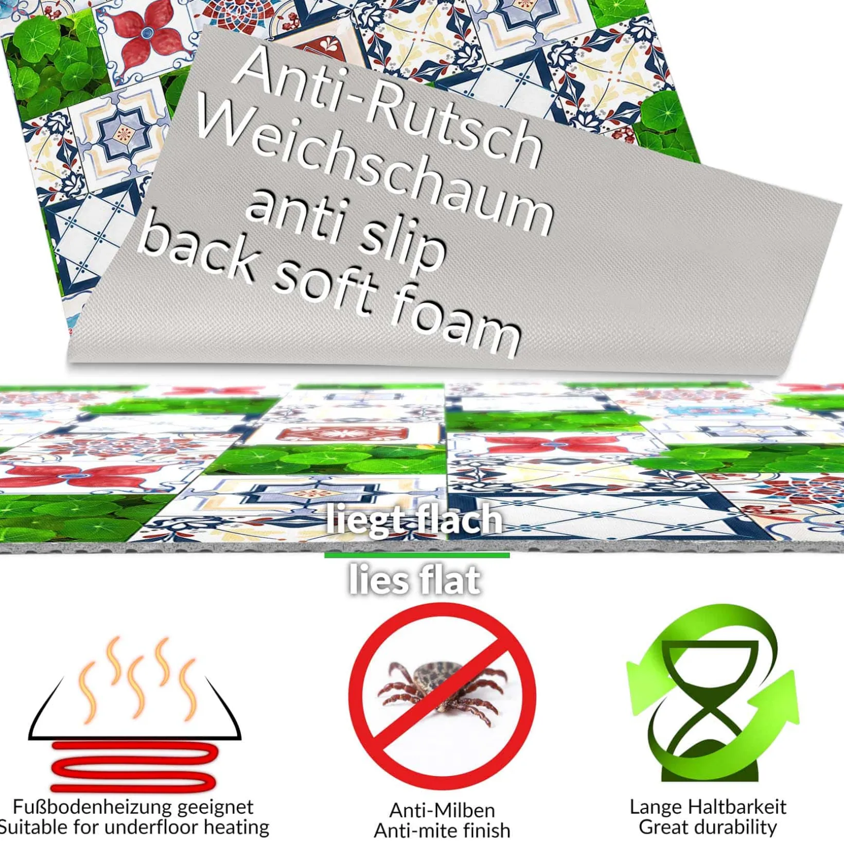 Küchenläufer Küchenteppich Läufer Flur Teppichläufer Fliesengarten Mehrfarbig 80cm Breit