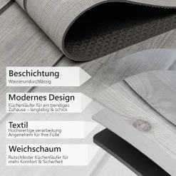 Küchenläufer Teppich Läufer Flurteppich waschbar rutschfest Holzoptik Grau Breite 65cm