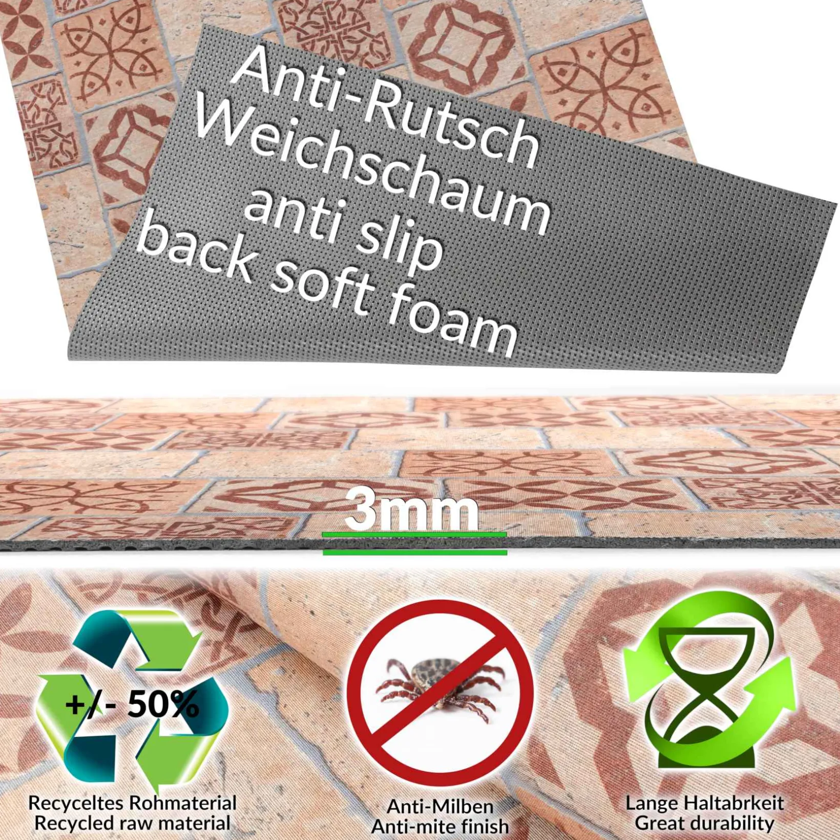 Küchenläufer Teppichläufer Flur Läufer Braune Fliesen rutschfest Breite 65cm