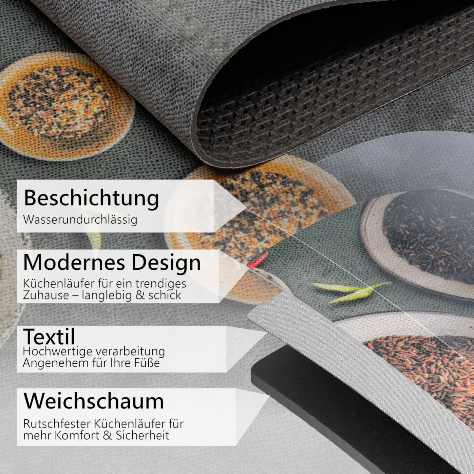 Küchenläufer Teppich Läufer Flurteppich waschbar rutschfest Gewürze Breite 65cm