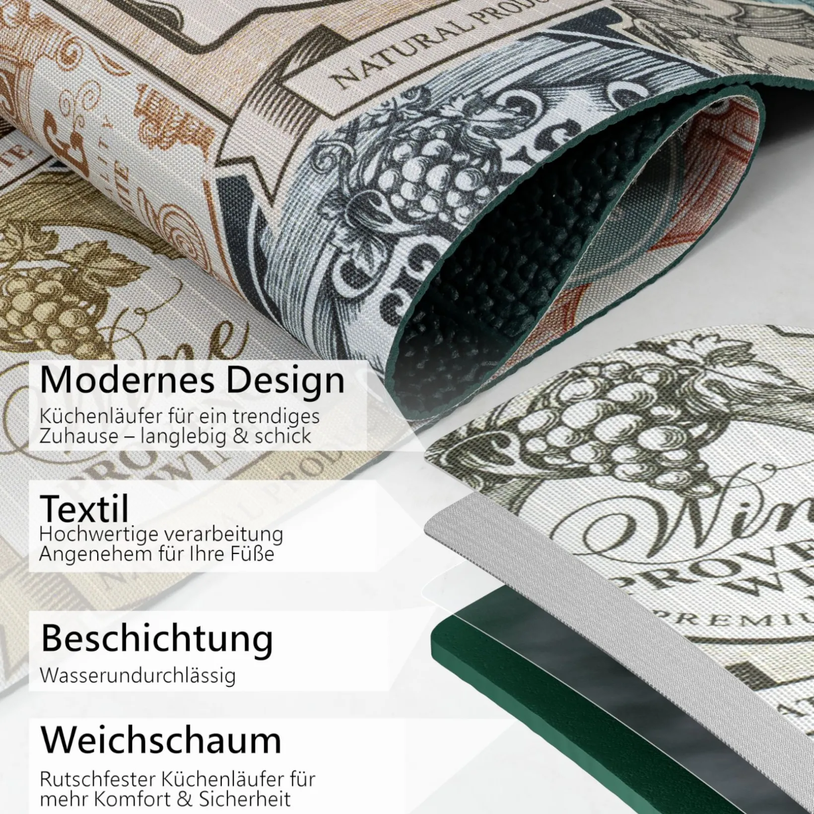 Küchenläufer waschbar Textil + PVC Küchenteppich rutschfest Sprinty Fortuna Mehrfarbig 50cm Breit