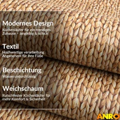 Küchenteppich Küchenläufer abwaschbar Teppichläufer Küche rutschfest Flur Läufer pflegeleicht Zopfmuster Breite 67cm