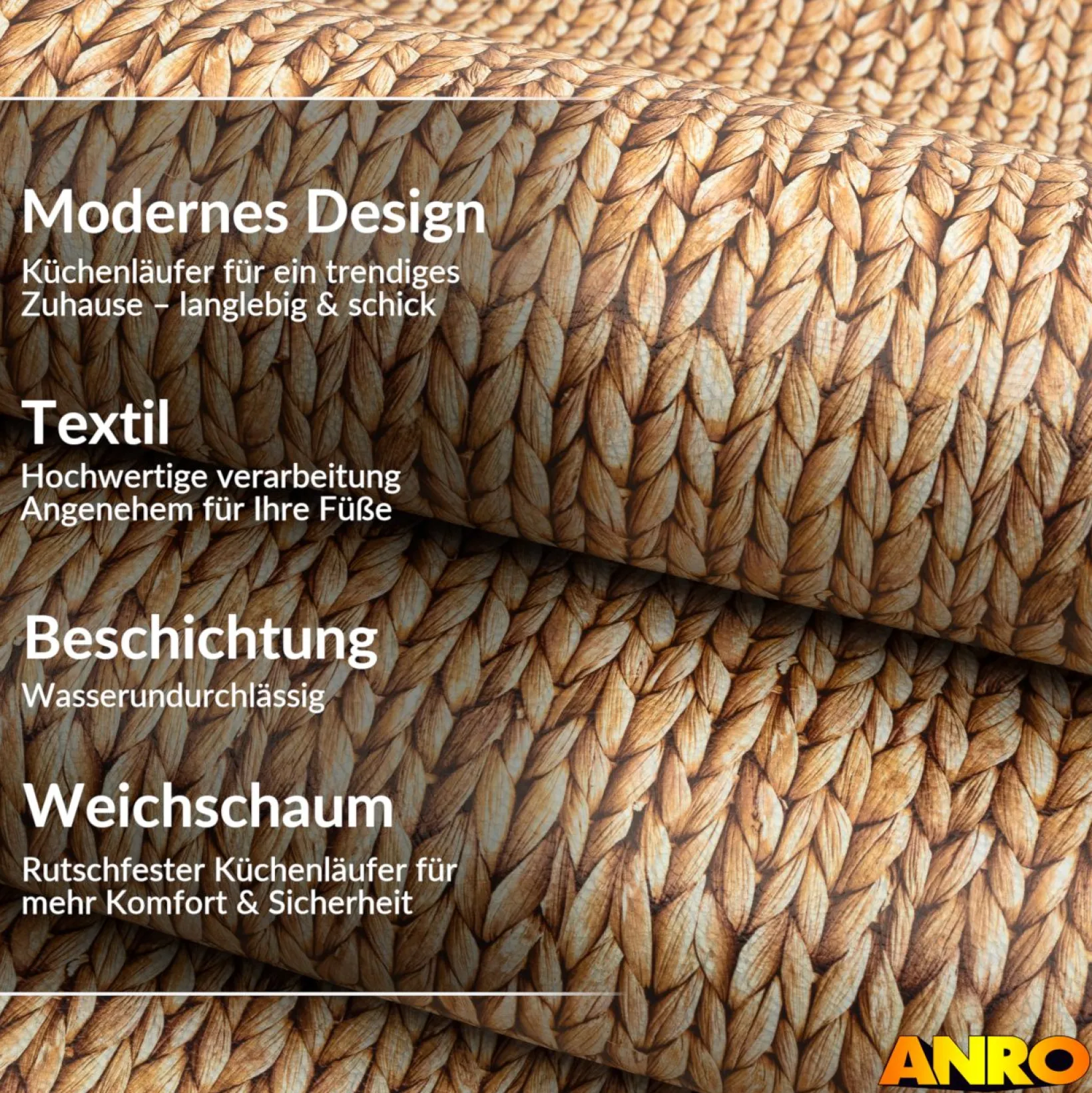 Küchenteppich Küchenläufer abwaschbar Teppichläufer Küche rutschfest Flur Läufer pflegeleicht Zopfmuster Breite 67cm