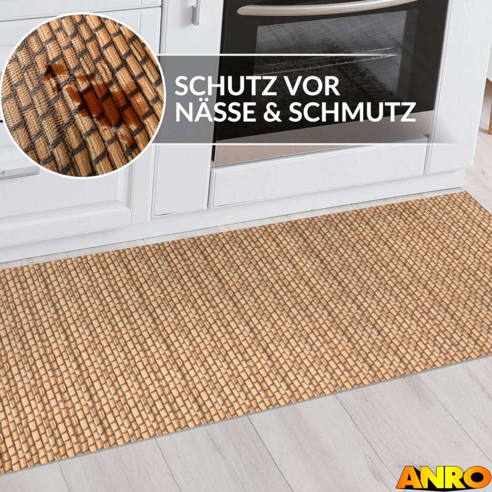 Küchenteppich Küchenläufer abwaschbar Teppichläufer Küche rutschfest Flur Läufer pflegeleicht Flechtwerk Optik Breite 67cm