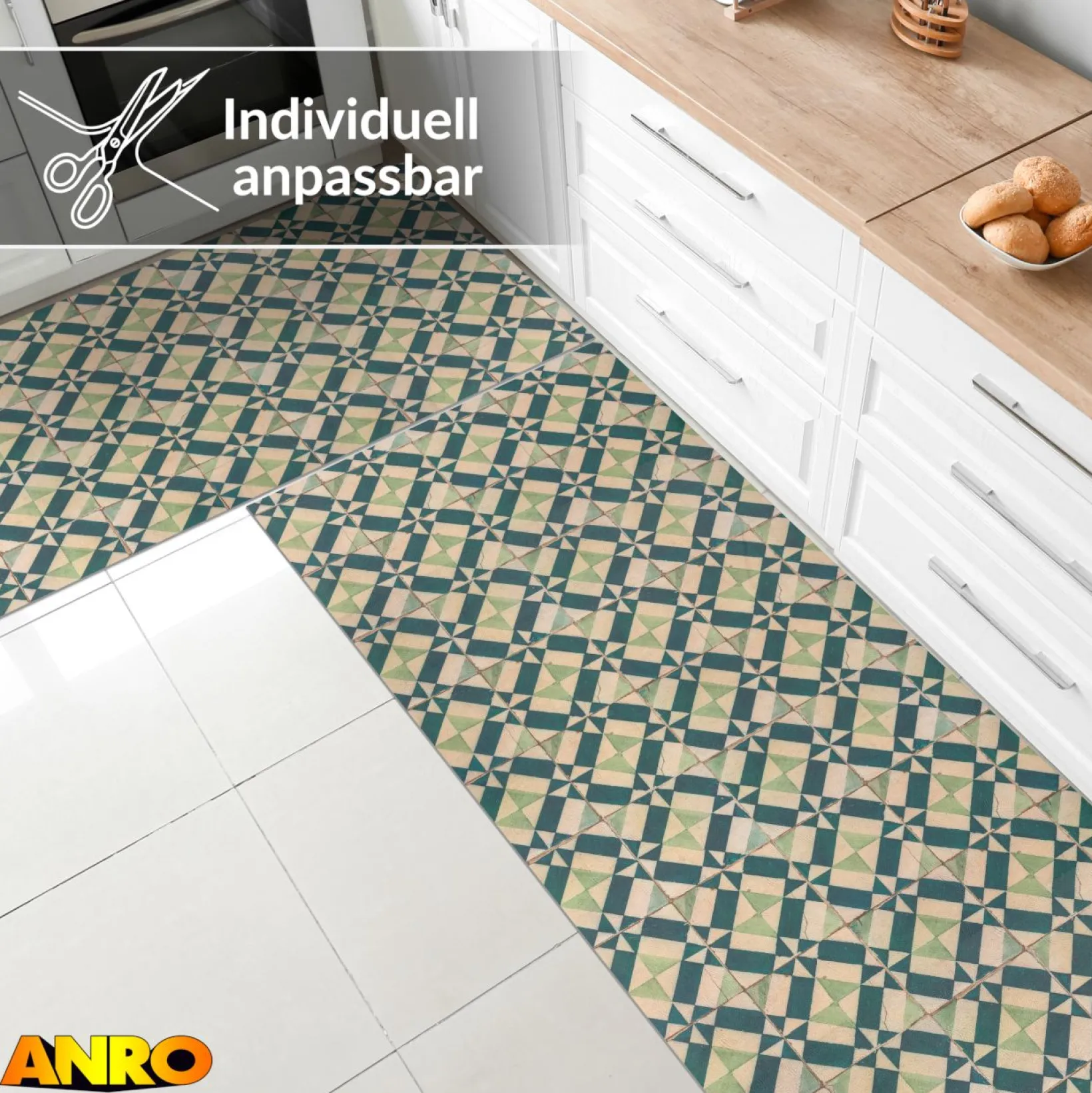 Küchenteppich Küchenläufer abwaschbar Teppichläufer Küche rutschfest Flur Läufer pflegeleicht Azulejo-Design Breite 67cm