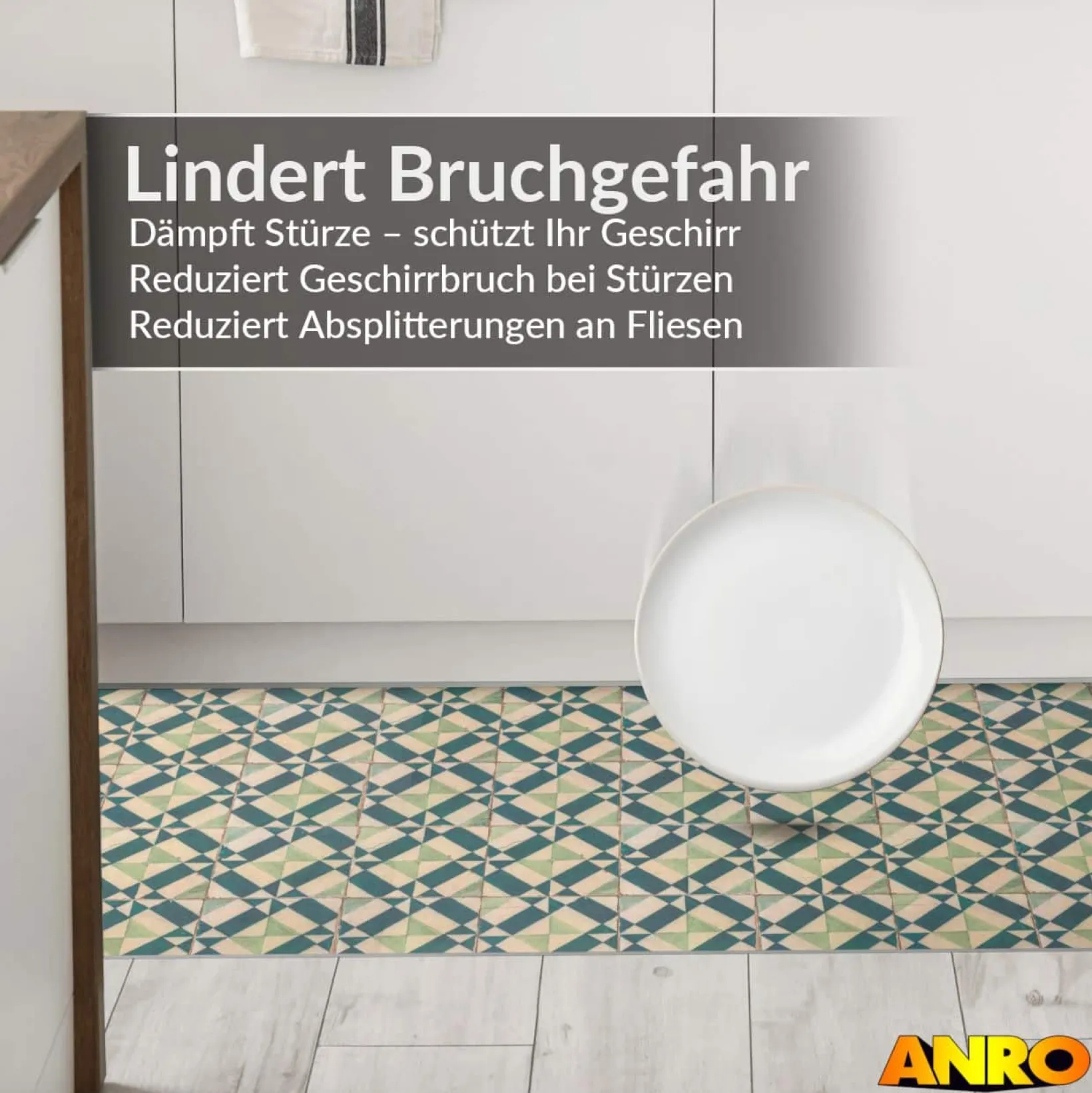 Küchenteppich Küchenläufer abwaschbar Teppichläufer Küche rutschfest Flur Läufer pflegeleicht Azulejo-Design Breite 67cm