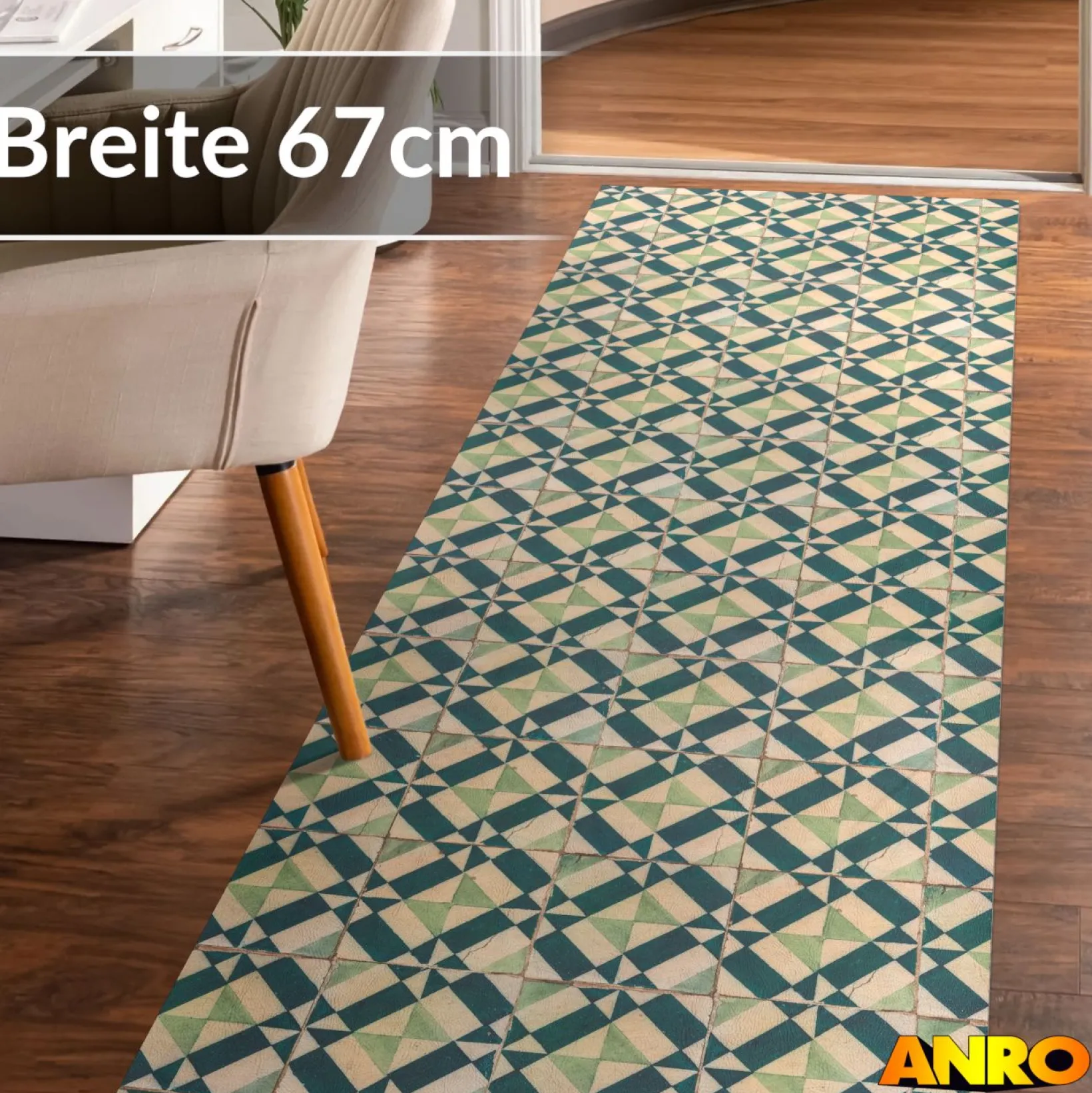 Küchenteppich Küchenläufer abwaschbar Teppichläufer Küche rutschfest Flur Läufer pflegeleicht Azulejo-Design Breite 67cm