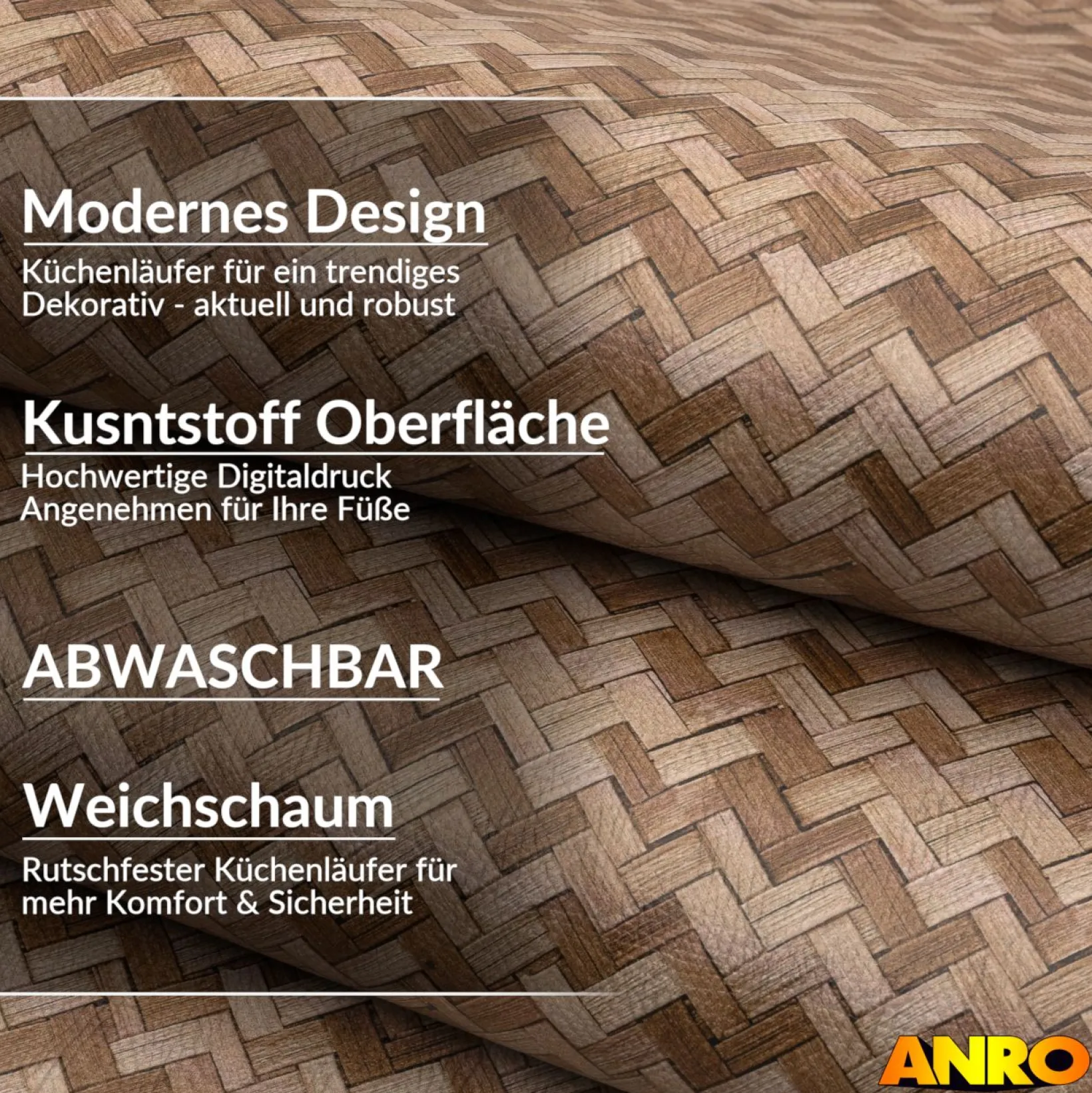Küchenteppich Küchenläufer abwaschbar Teppichläufer Küche rutschfest Flur Läufer pflegeleicht Rattanoptik Breite 67cm