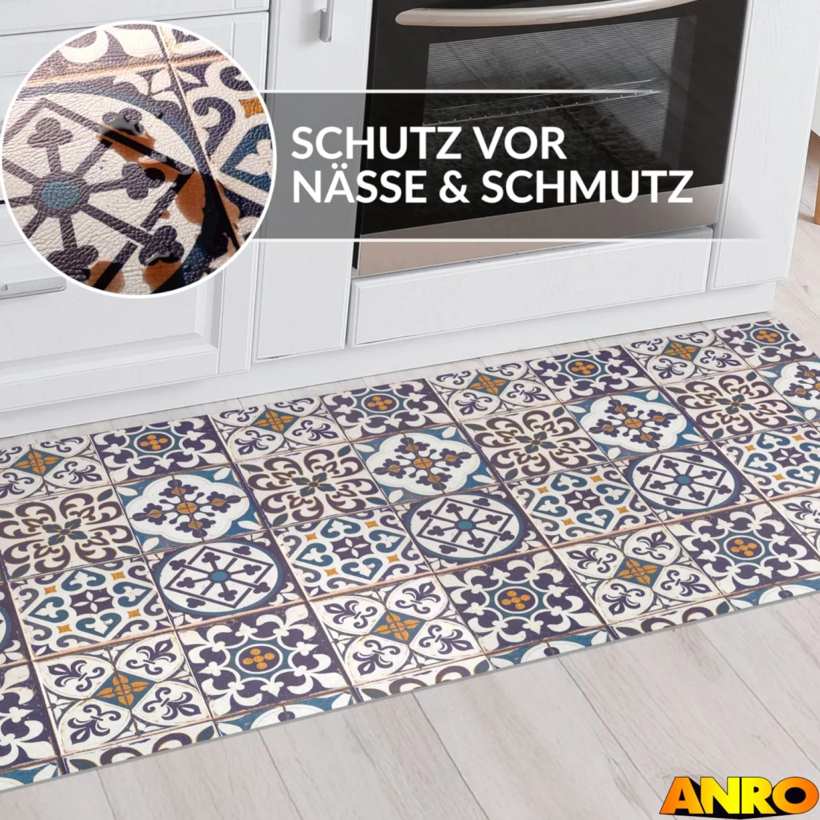 Küchenteppich Küchenläufer abwaschbar Teppichläufer Küche rutschfest Flur Läufer pflegeleicht Blaue Fliesen Breite 67cm