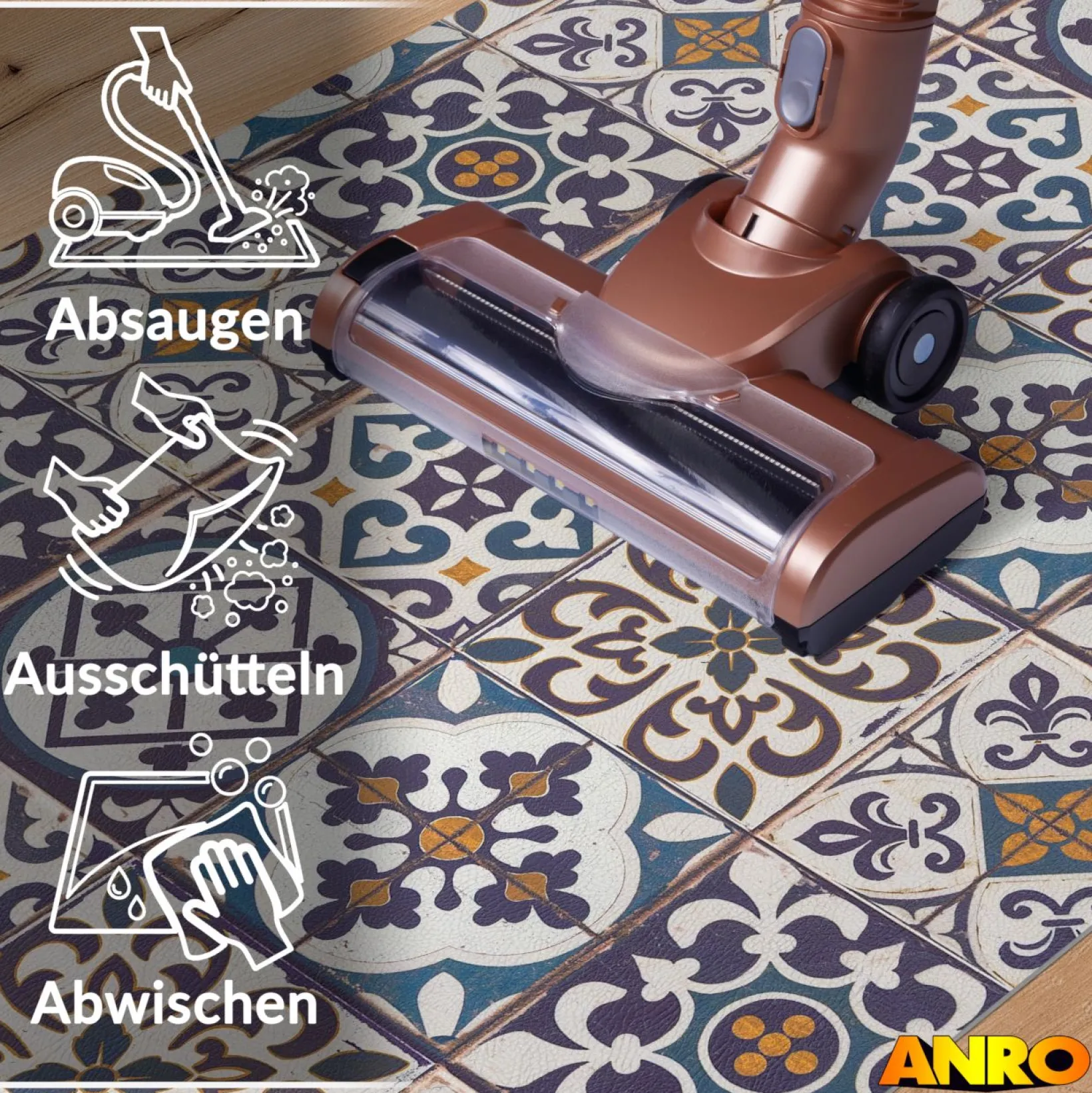 Küchenteppich Küchenläufer abwaschbar Teppichläufer Küche rutschfest Flur Läufer pflegeleicht Blaue Fliesen Breite 67cm