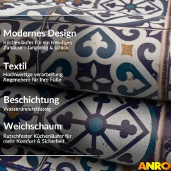 Küchenteppich Küchenläufer abwaschbar Teppichläufer Küche rutschfest Flur Läufer pflegeleicht Blaue Fliesen Breite 67cm