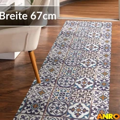 Küchenteppich Küchenläufer abwaschbar Teppichläufer Küche rutschfest Flur Läufer pflegeleicht Blaue Fliesen Breite 67cm