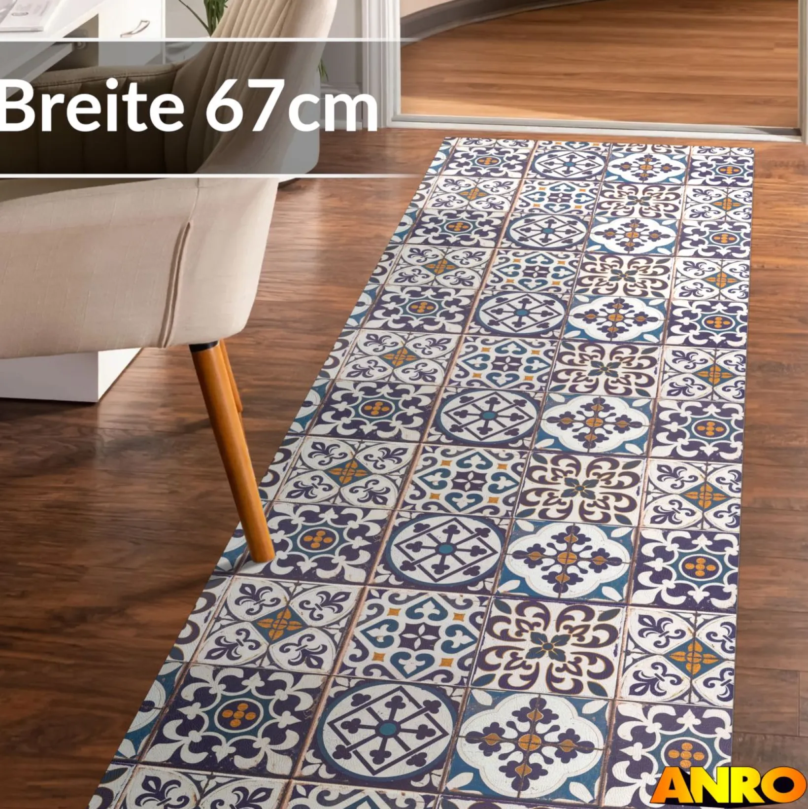 Küchenteppich Küchenläufer abwaschbar Teppichläufer Küche rutschfest Flur Läufer pflegeleicht Blaue Fliesen Breite 67cm