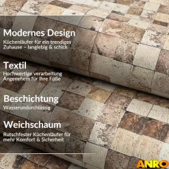 Küchenteppich Küchenläufer abwaschbar Teppichläufer Küche rutschfest Flur Läufer pflegeleicht Travertin-Mosaik Breite 67cm