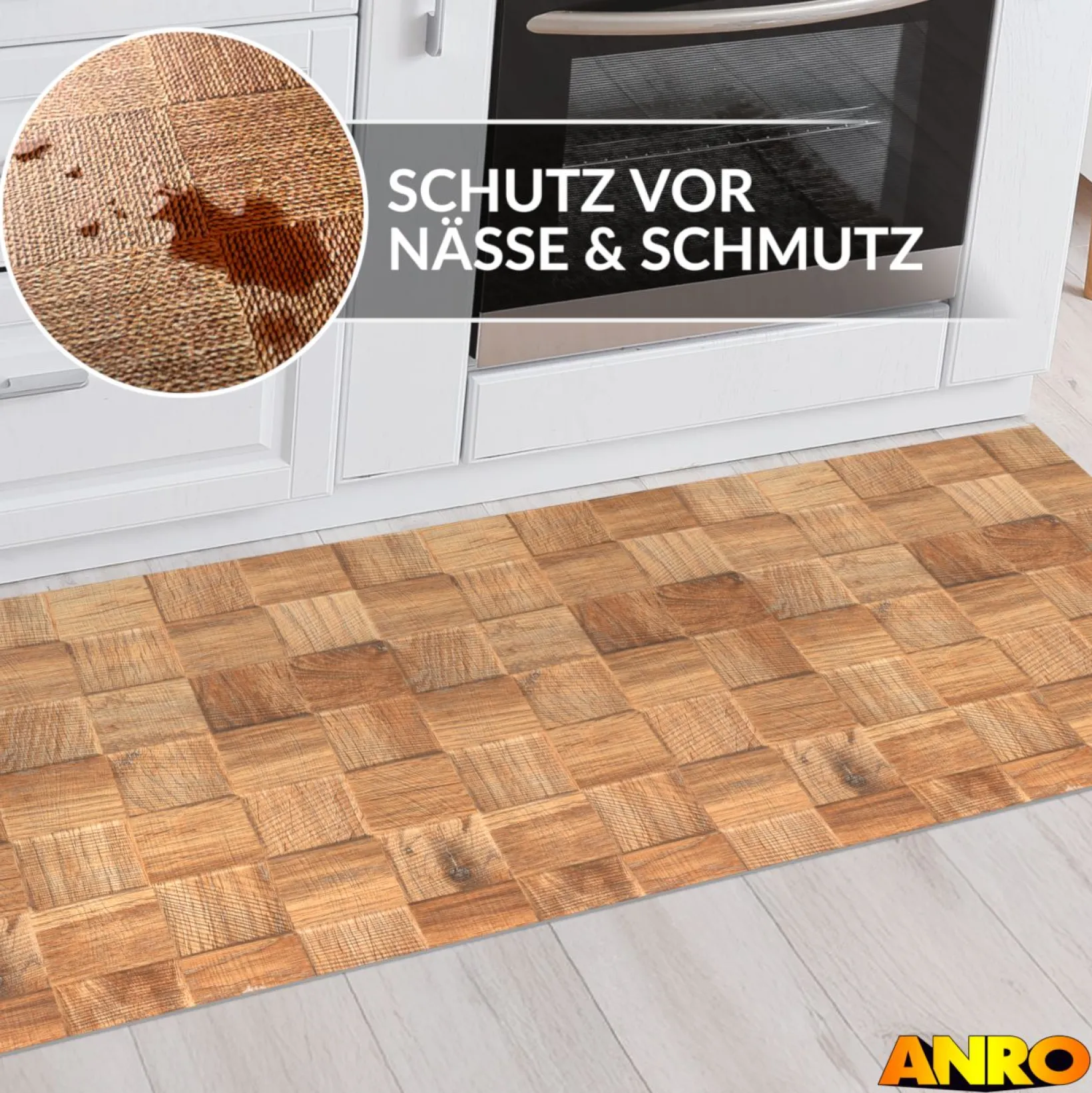 Küchenteppich Küchenläufer abwaschbar Teppichläufer Küche rutschfest Flur Läufer pflegeleicht Patchwork Holz Beige Breite 67cm