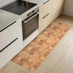 Küchenteppich Küchenläufer abwaschbar Teppichläufer Küche rutschfest Flur Läufer pflegeleicht Patchwork Holz Beige Breite 67cm