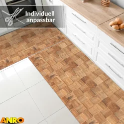 Küchenteppich Küchenläufer abwaschbar Teppichläufer Küche rutschfest Flur Läufer pflegeleicht Patchwork Holz Beige Breite 67cm