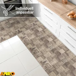 Küchenteppich Küchenläufer abwaschbar Teppichläufer Küche rutschfest Flur Läufer pflegeleicht Patchwork Holz Graubeige Breite 67cm