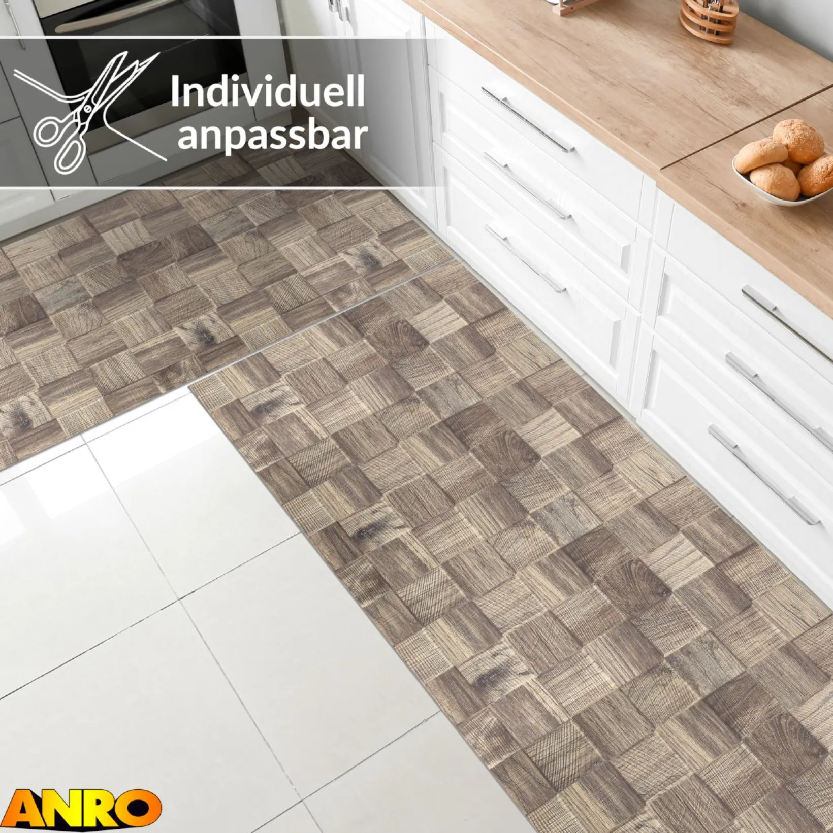 Küchenteppich Küchenläufer abwaschbar Teppichläufer Küche rutschfest Flur Läufer pflegeleicht Patchwork Holz Graubeige Breite 67cm