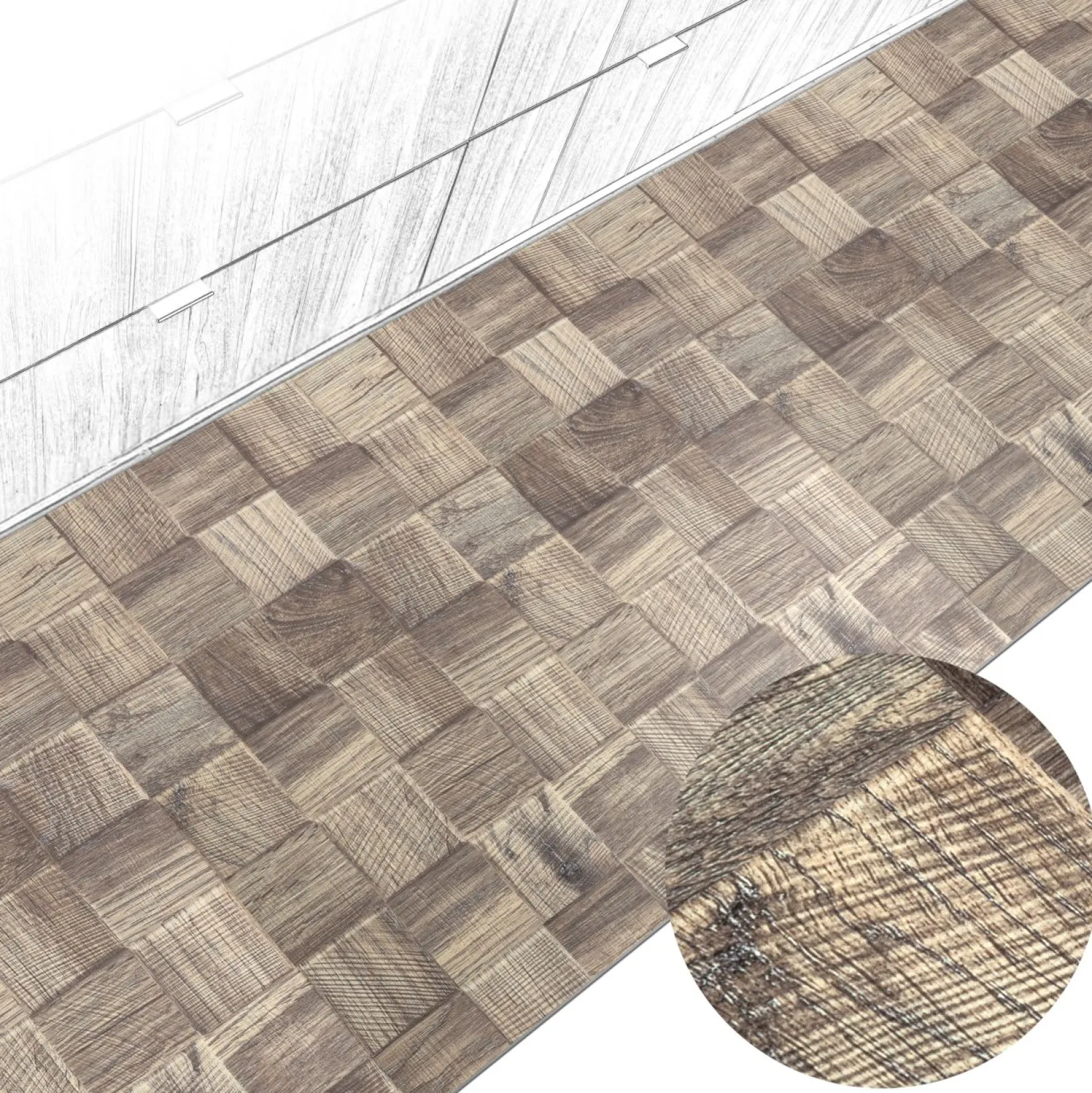 Küchenteppich Küchenläufer abwaschbar Teppichläufer Küche rutschfest Flur Läufer pflegeleicht Patchwork Holz Graubeige Breite 67cm