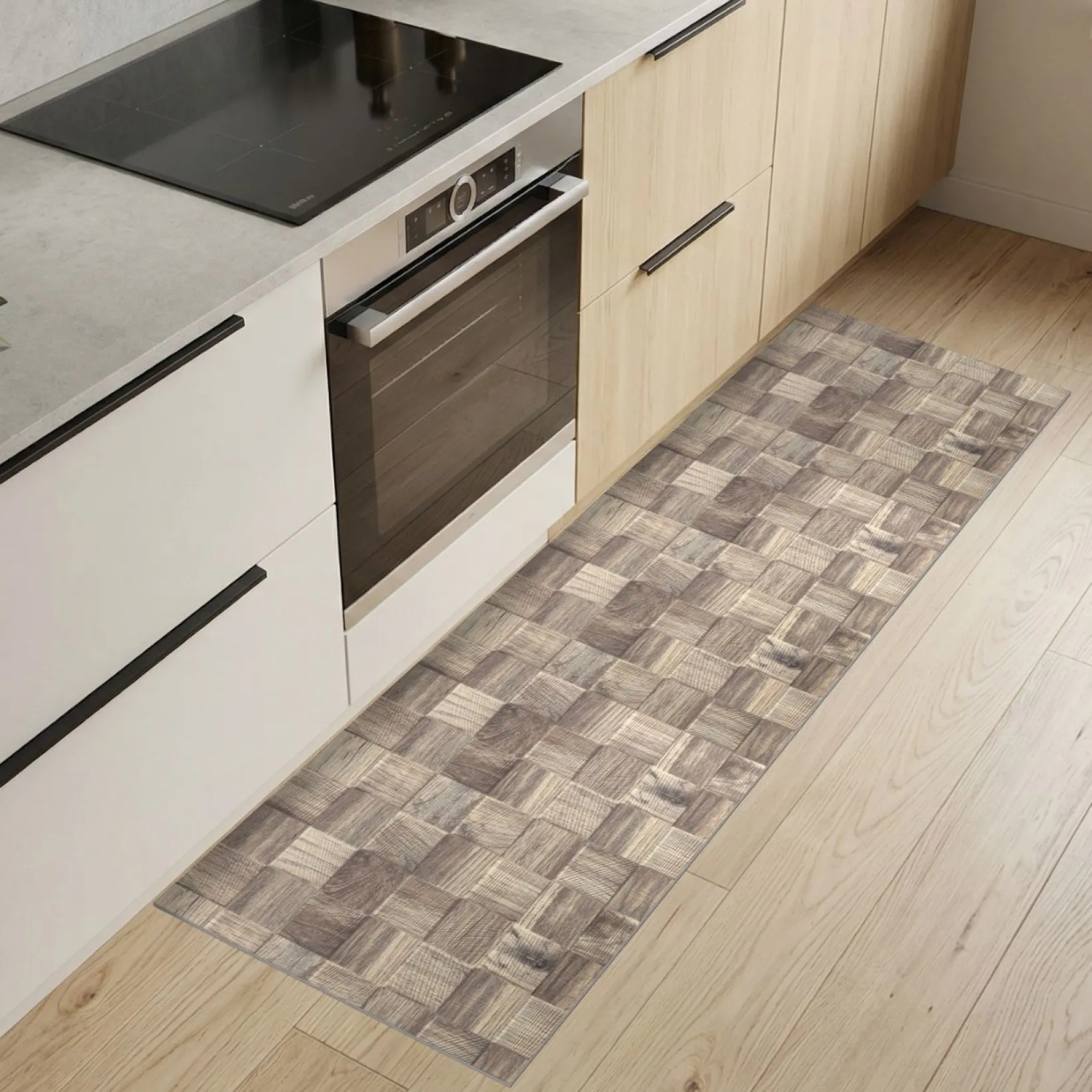 Küchenteppich Küchenläufer abwaschbar Teppichläufer Küche rutschfest Flur Läufer pflegeleicht Patchwork Holz Graubeige Breite 67cm