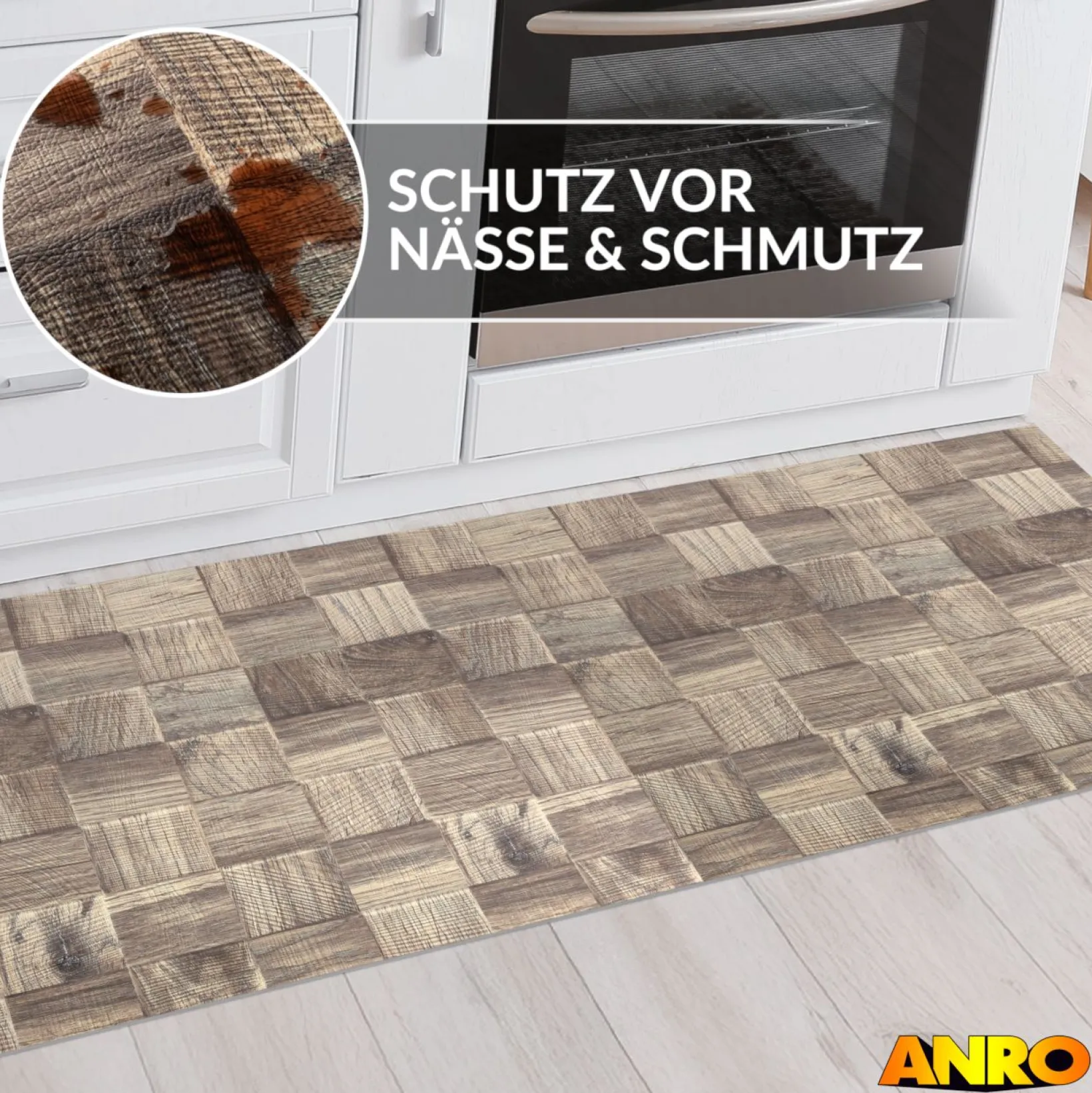 Küchenteppich Küchenläufer abwaschbar Teppichläufer Küche rutschfest Flur Läufer pflegeleicht Patchwork Holz Graubeige Breite 67cm