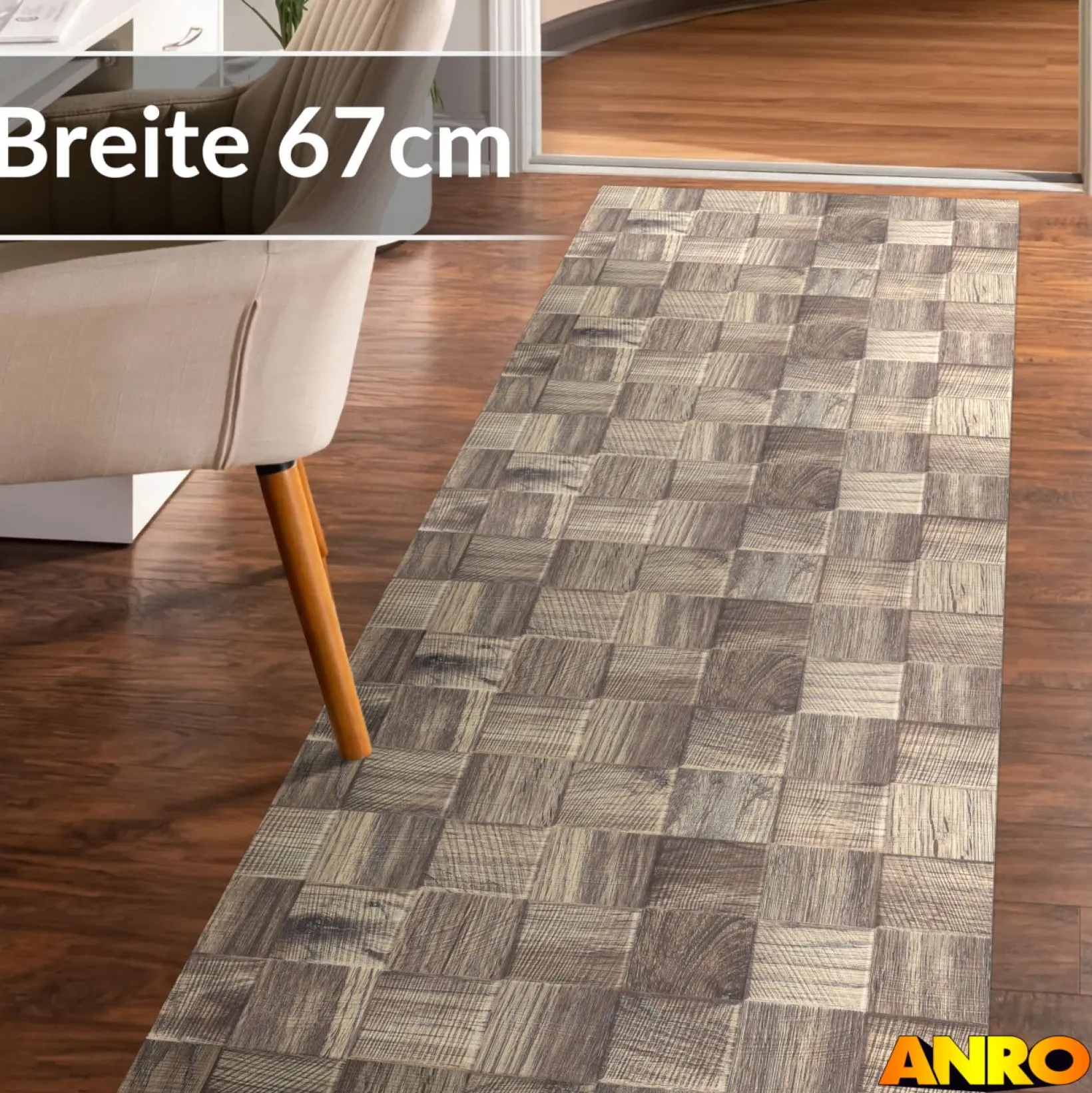 Küchenteppich Küchenläufer abwaschbar Teppichläufer Küche rutschfest Flur Läufer pflegeleicht Patchwork Holz Graubeige Breite 67cm