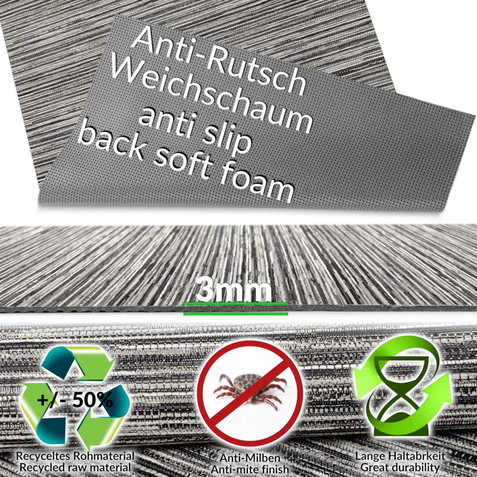 Läufer Flur Teppichläufer Küchenläufer Küchenteppich Streifen Grau