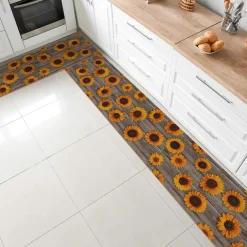 Läufer PVC Teppich rutschfest abwaschbar Sonnenblumen Grau 50cm Breit