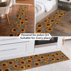 Läufer PVC Teppich rutschfest abwaschbar Sonnenblumen Grau 50cm Breit