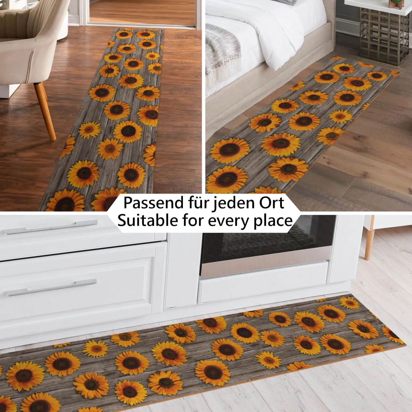 Läufer PVC Teppich rutschfest abwaschbar Sonnenblumen Grau 50cm Breit