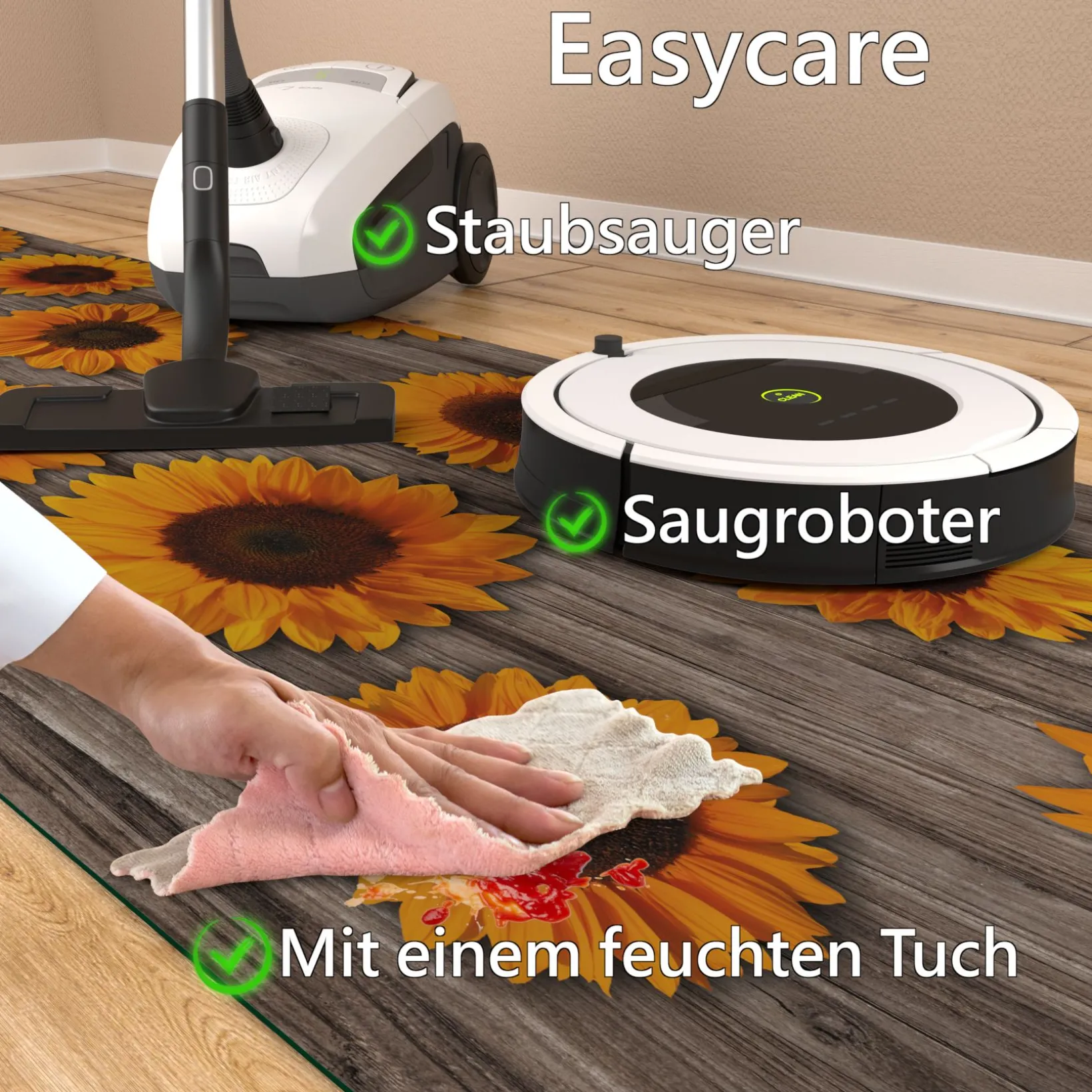 Läufer PVC Teppich rutschfest abwaschbar Sonnenblumen Grau 50cm Breit