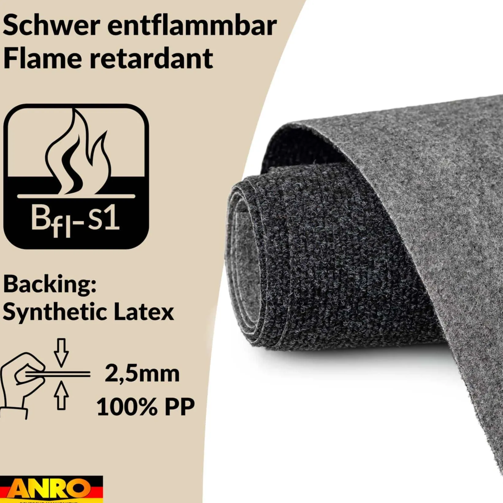 Messeteppich Rips Teppich für Messe Büro Eventteppich Anthrazit Meterware BFL-S1 Yula