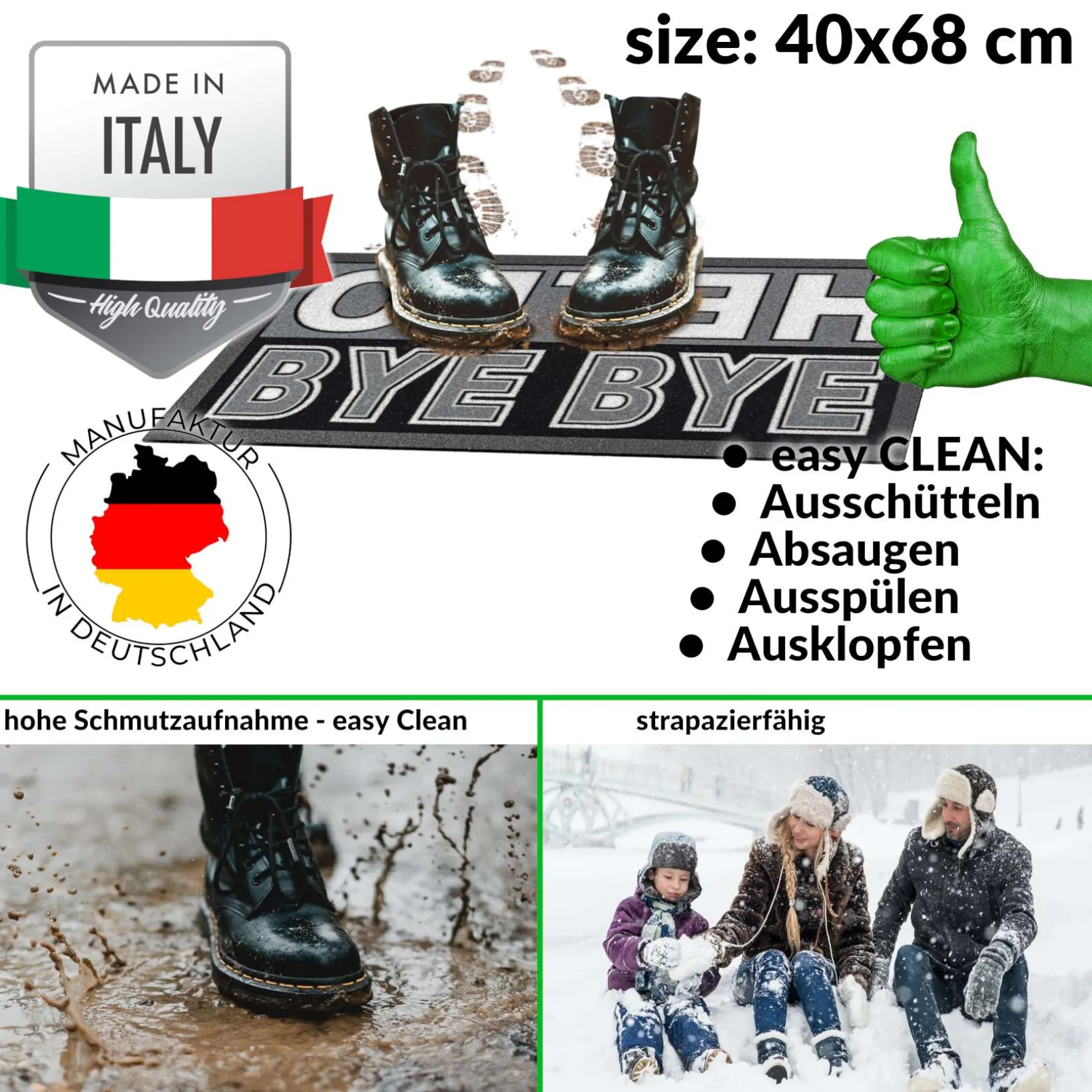 Schmutzfangmatte Fußmatte Türvorleger rutschfest Hello Bye Bye – Glitzer 40x68cm