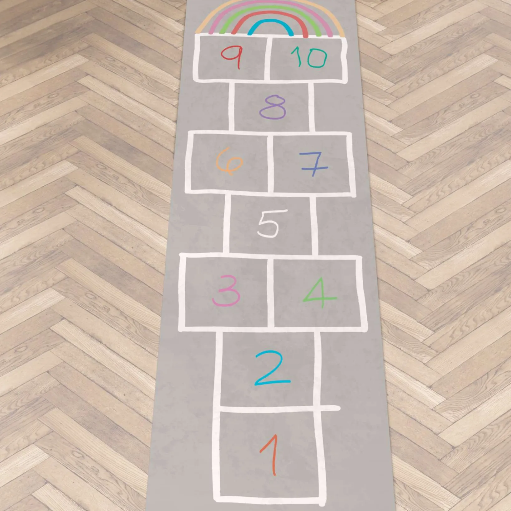 Spielmatte Hüpfspiel Teppich Läufer abwaschbar rutschfest Grau Bunt 67x240cm