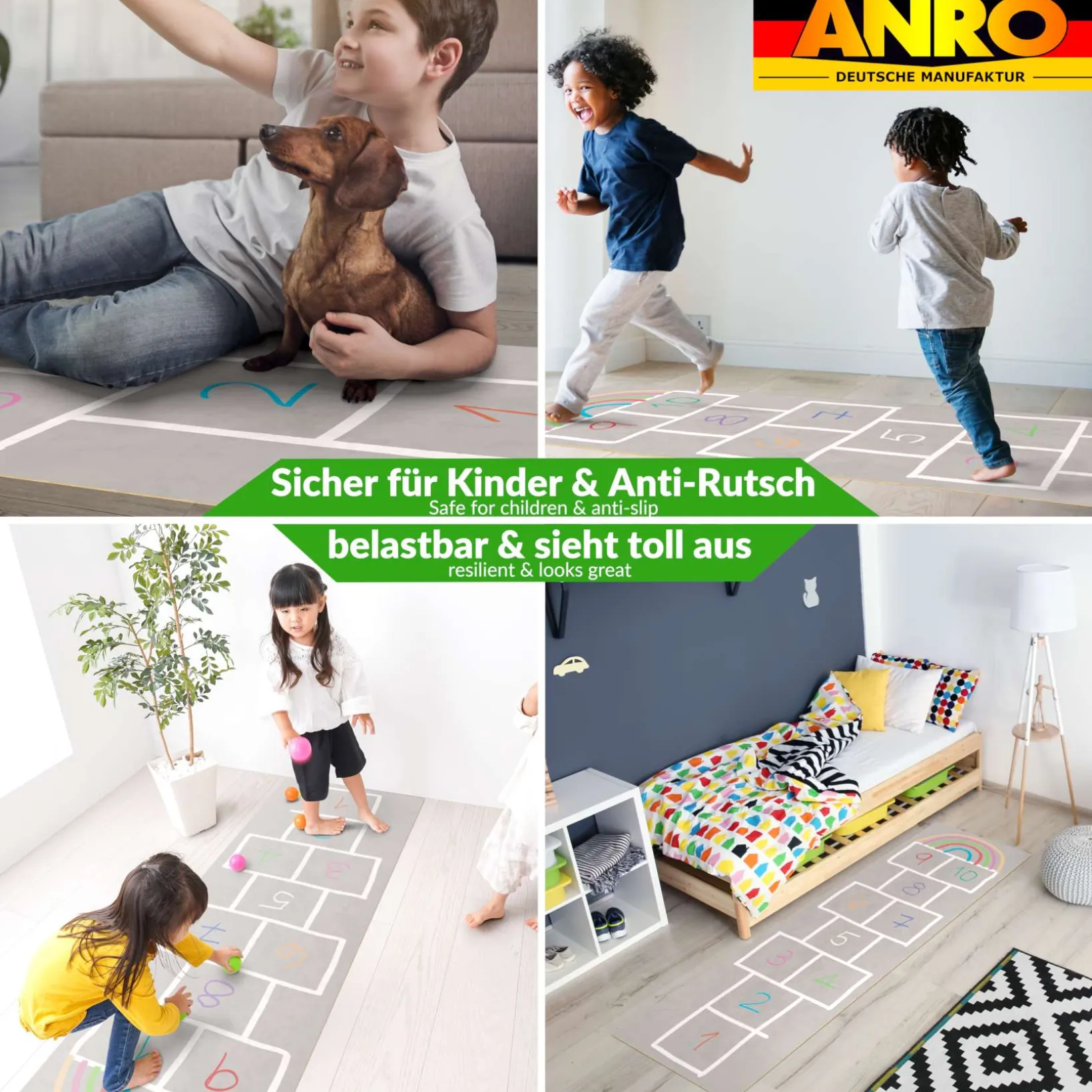 Spielmatte Hüpfspiel Teppich Läufer abwaschbar rutschfest Grau Bunt 67x240cm