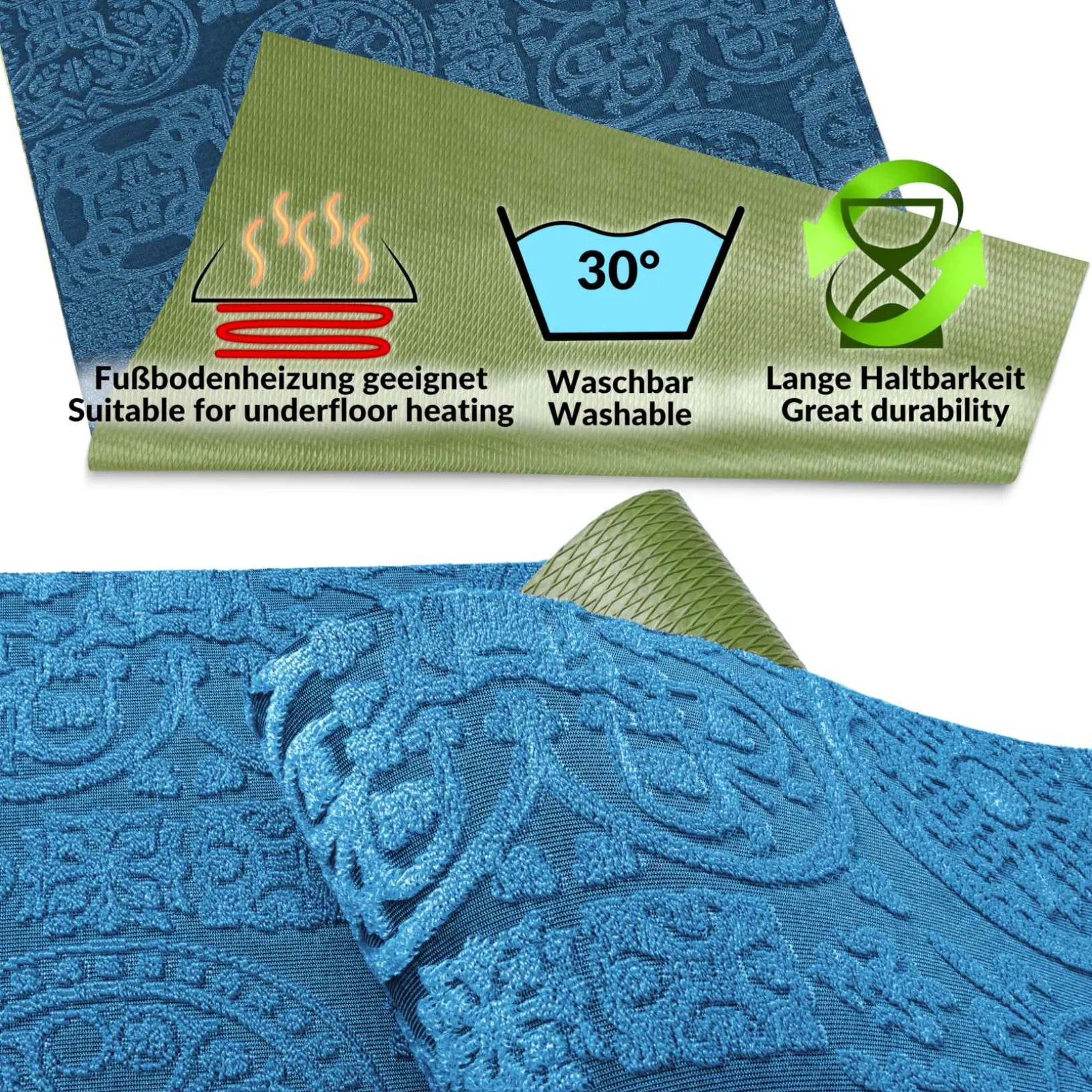 Teppichläufer Flurläufer Küchenläufer Velours Jacquard Teppich Sisi Raku Blau 65cm Breit