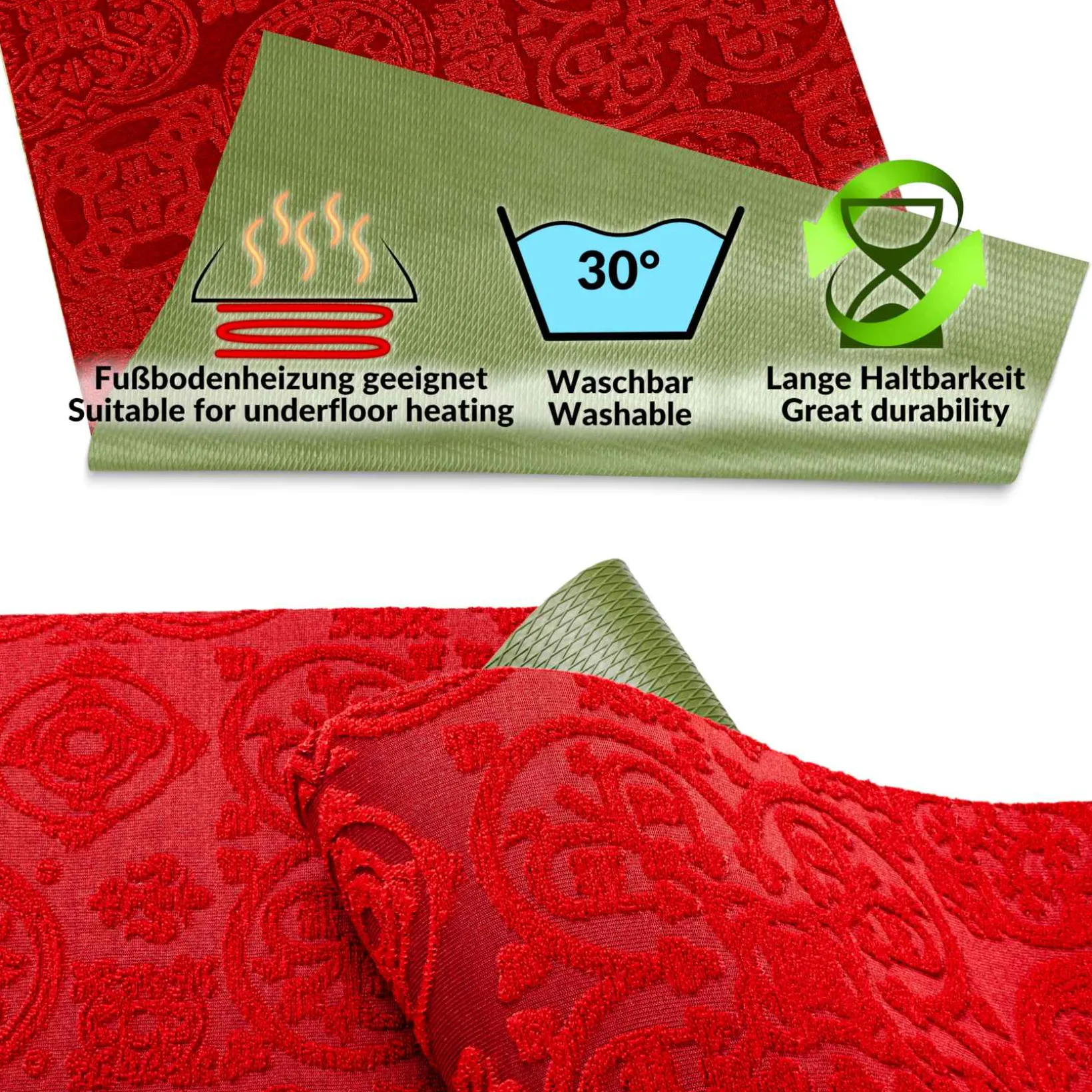Teppichläufer Flurläufer Küchenläufer Velours waschbar rutschfest Jacquard Teppich Sisi Raku Rot 65cm Breit